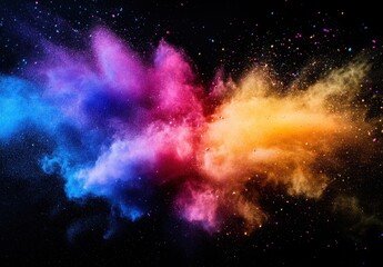Obraz premium Vibrant Color Explosion of Purple, Pink, Blue and Yellow Against Black Background, Ideal for Art, Design, and Creative Projects