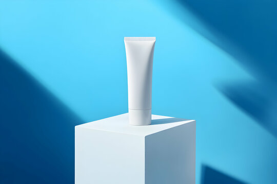 A white cosmetic tube stands on a white cube podium, isolated against a blue background - Powered by Adobe