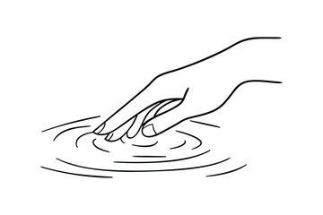 Hand touches water, creating concentric ripples, calm surface