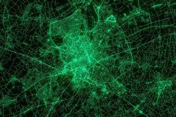 Map of the streets of Gent (Belgium) made with green illumination and glow effect. Top view on roads network. 3d render, illustration
