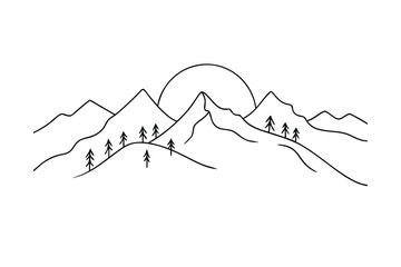 Minimalist Line Art Mountain Range Sunrise Landscape Drawing