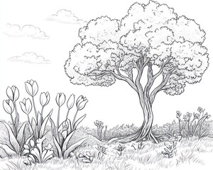 Serene spring landscape sketch; lush tree, tulips, and wildflowers
