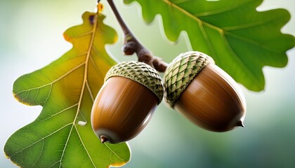 two acorns are shown on a leafy branch