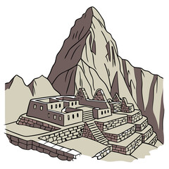 Machu Picchu Peru Vector Illustration with Inca Ruins. History-themed projects, travel agency promotions, archaeological documentaries