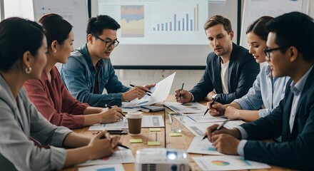 Business team meeting discussing financial data in modern office