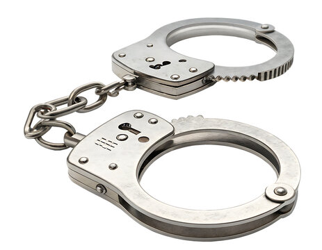 A close up shot of a pair of shiny metal handcuffs isolated against a stark black background image view