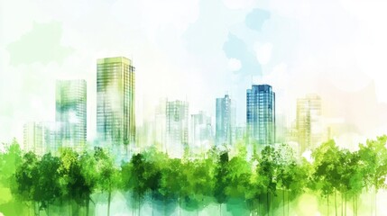 Obraz premium Serene Cityscape: Modern Buildings Amidst Lush Greenery, Watercolor Style