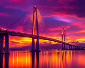 Obraz premium A large illuminated cablestayed bridge spanning over calm reflective water
