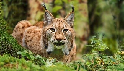 Obraz premium a wild lynx is hiding in the forest