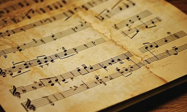 Musical notes, old musical note paper sheet. Super macro close up shoot fly over laowa 4k