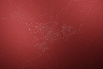 Map of the streets of Limerick (Ireland) made with white lines on abstract red background lit by two lights. Top view. 3d render, illustration
