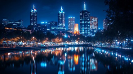 Naklejka premium Bustling City Skyline Illuminated by Night Lights