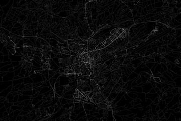Stylized map of the streets of Luxembourg made with white lines on black background. Top view. 3d render, illustration
