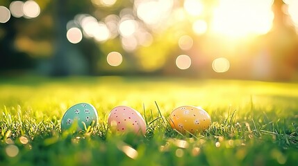 Easter Egg Hunt Concept with Colorful Eggs on Green Grass and Sunlit Bokeh Background. Spring Festival Design for Event Posters, Educational Materials, or Outdoor Activity Promotions. Blurred Trees an