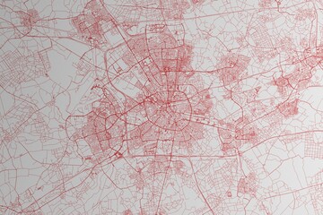 Map of the streets of Eindhoven (Netherlands) made with red lines on white paper. 3d render, illustration