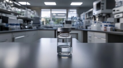 Clear Glass Vial with Liquid on Laboratory Table Surrounded by Scientific Equipment and Supplies
