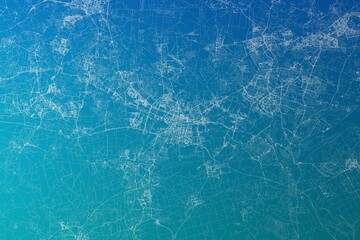 Map of the streets of Katowice (Poland) made with white lines on greenish blue gradient background. 3d render, illustration