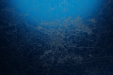 Street map of Krakow (Poland) engraved on blue metal background. View with light coming from top. 3d render, illustration