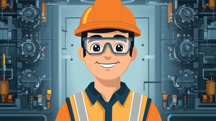 Friendly Cartoon Worker in Safety Gear Smiling in Front of Industrial Machinery, Representing Professionalism and Safety in a Work Environment