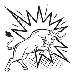 Powerful Pop Art Minimalist Bull in a Charging Pose with Explosive Motion Lines