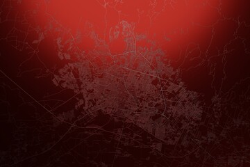 Street map of Leon (Mexico) engraved on red metal background. Light is coming from top. 3d render, illustration