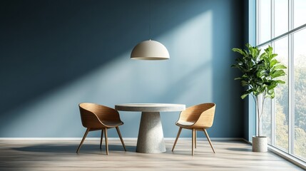 Modern dining area features round table chairs and potted plant