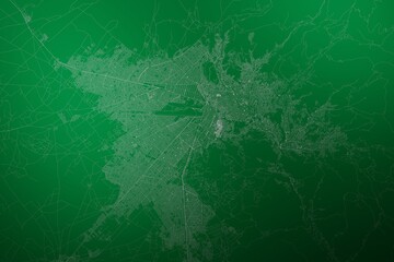 Map of the streets of La Paz (Bolivia) made with white lines on abstract green background lit by two lights. Top view. 3d render, illustration
