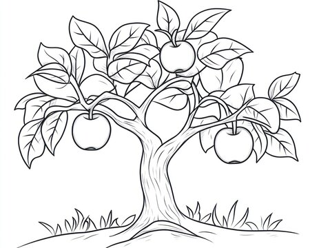 Simple line drawing of an apple tree with three apples and lush leaves