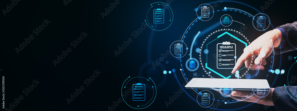 Leinwandbilder Digital document management concept with holographic checklist icons floating over a tablet, symbolizing cloud-based data solutions.