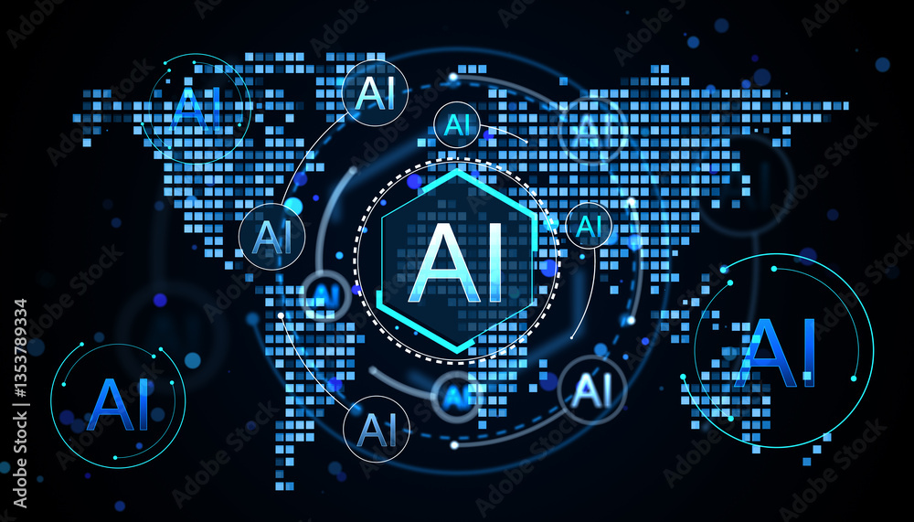 Poster Futuristic AI technology concept with digital world map and glowing blue elements. 3D Rendering