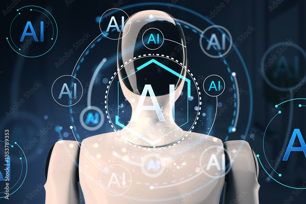 Poster Futuristic humanoid robot with AI digital interface in cyberspace. 3D Rendering