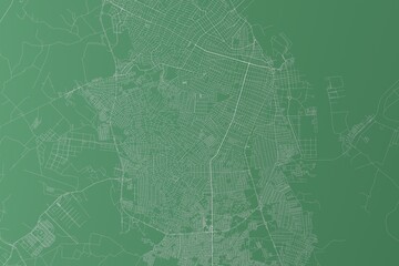 Stylized map of the streets of Barranquilla (Colombia) made with white lines on green background. Top view. 3d render, illustration
