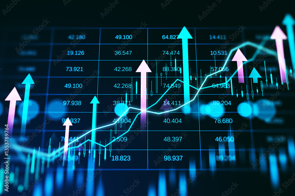 Poster Rising stock market chart with glowing arrows on digital background. 3D Rendering