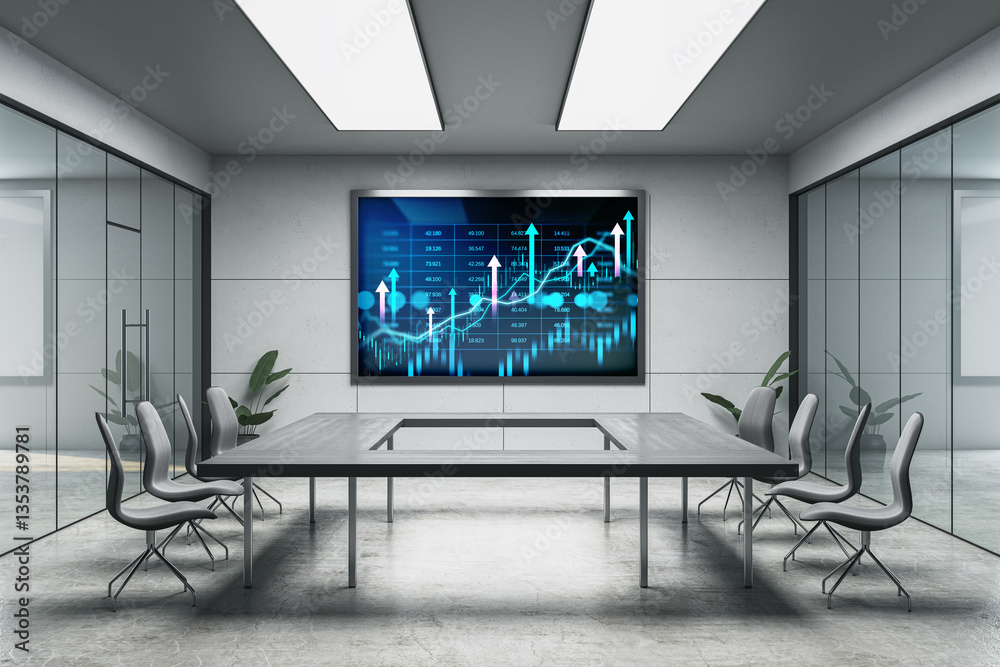 Poster modern conference room with financial market graph on digital screen. 3d rendering