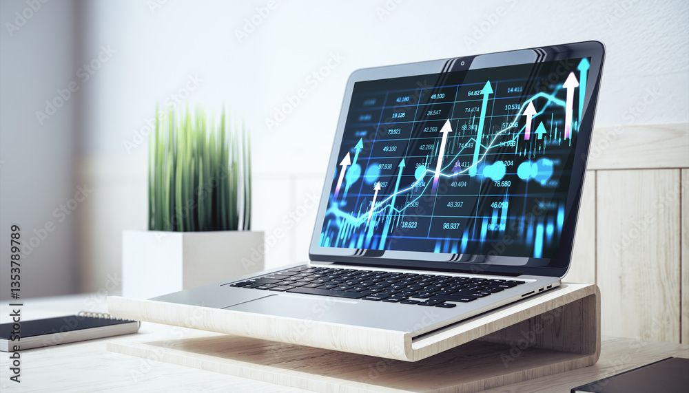 Poster Laptop displaying a stock market chart with rising graphs on a desk. 3D Rendering
