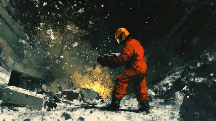 Worker handling explosives in a construction site with protective gear illustration