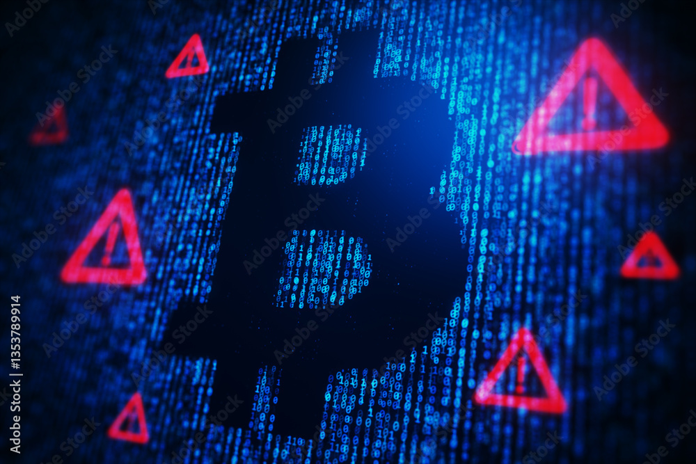 Poster Bitcoin symbol with binary code and red warning signs on a futuristic digital background. 3D Rendering