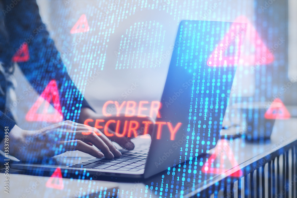 Aufkleber cybersecurity concept with hands typing on a laptop, digital lock, binary code, and warning symbols 