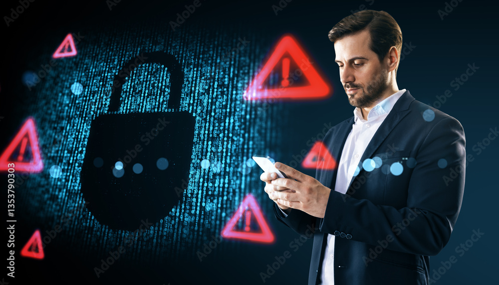 Poster Cybersecurity warning with businessman using smartphone in digital space.