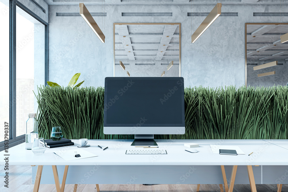 Poster Modern office workspace with computer screen on desk. 3D Rendering
