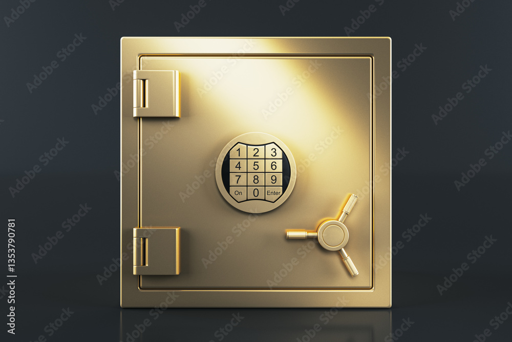 Poster Golden safe vault with digital keypad and combination lock on dark background. Secure money deposit and finance protection concept. 3D Rendering