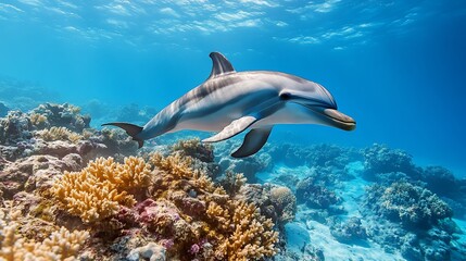 Dolphin swimming coral reef ocean wildlife nature underwater