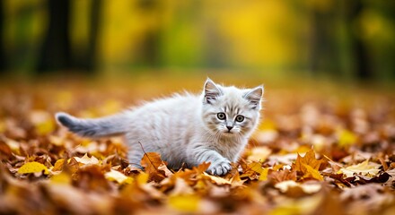 Obraz premium Capture a Ragamuffin Kitten Playing With a Fallen Leaf in a Vibrant Autumn Forest, Its Plush Fur Contrasting With the Colorful Foliage_