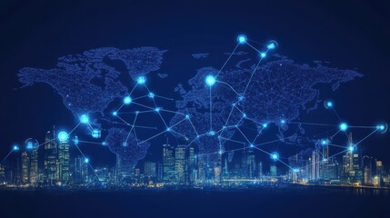 Stunning Blue Digital World Map Displaying Global Connectivity Through Network Lines and Data Nodes with City Skyline in the Foreground at Night