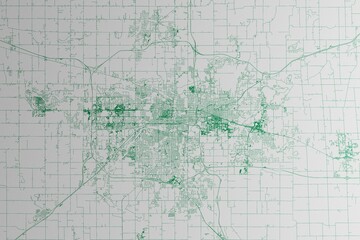 Map of the streets of Lansing (Michigan, USA) made with green lines on white paper. 3d render, illustration