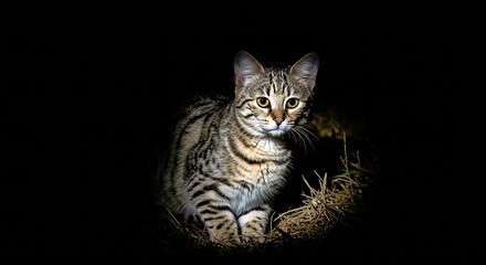 Obraz premium Capture a Serengeti Cat in a Low-Light Environment, Utilizing Its Reflective Eyes and Nocturnal Adaptations_