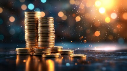 Three stacks of gold coins of varying heights on a dark reflective surface with a bokeh background of warm and cool-toned lights and scattered coins around