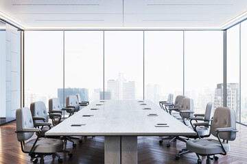 Modern conference room with large desk and chairs in high-rise office building. 3D Rendering