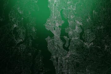 Street map of Seattle (Washington, USA) engraved on green metal background. Light is coming from top. 3d render, illustration