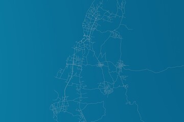 Map of the streets of Moroni (Comores) made with white lines on blue background. 3d render, illustration